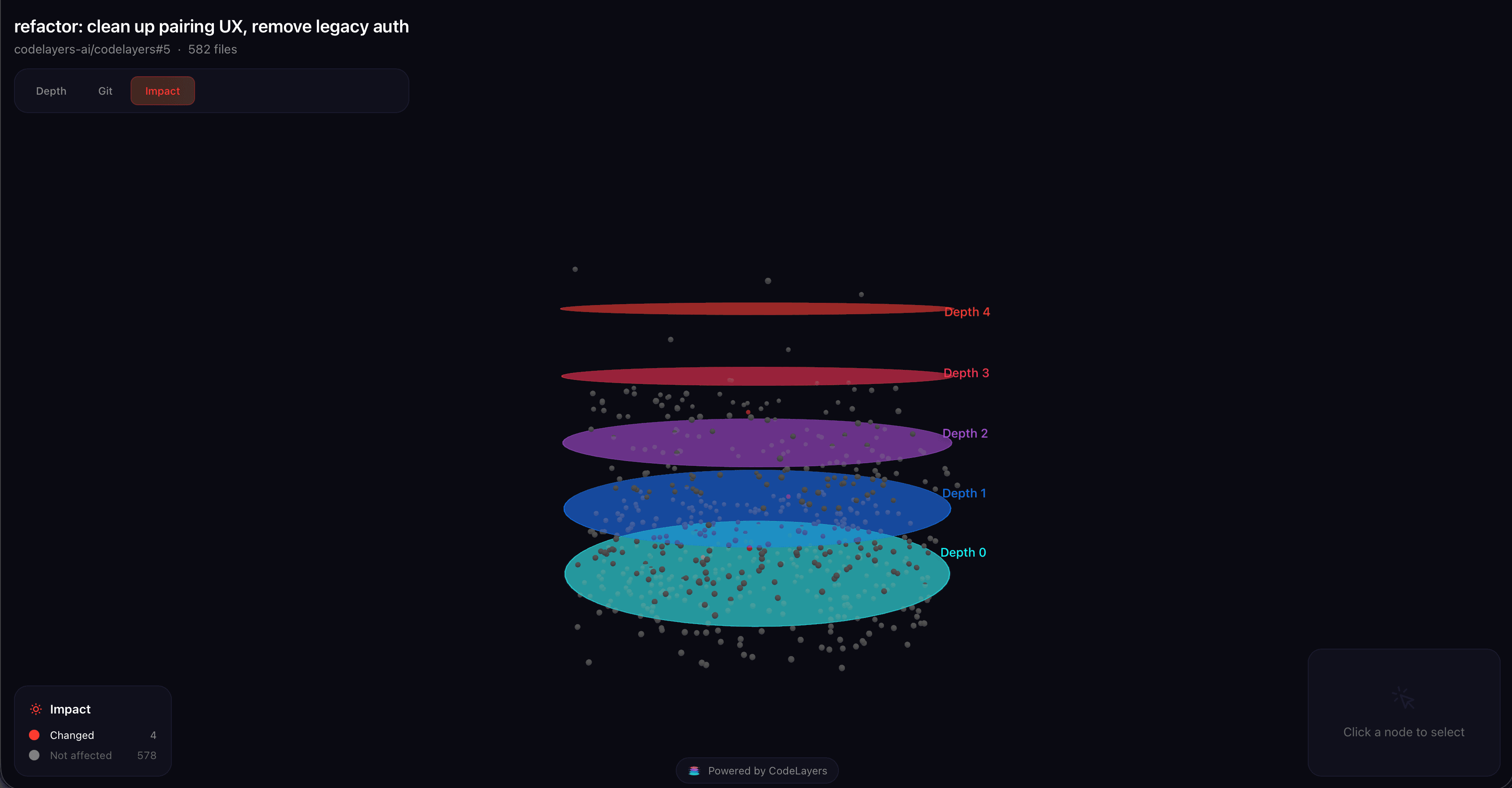 Blast radius visualization in the web viewer showing a PR's impact across 582 files with color-coded depth rings