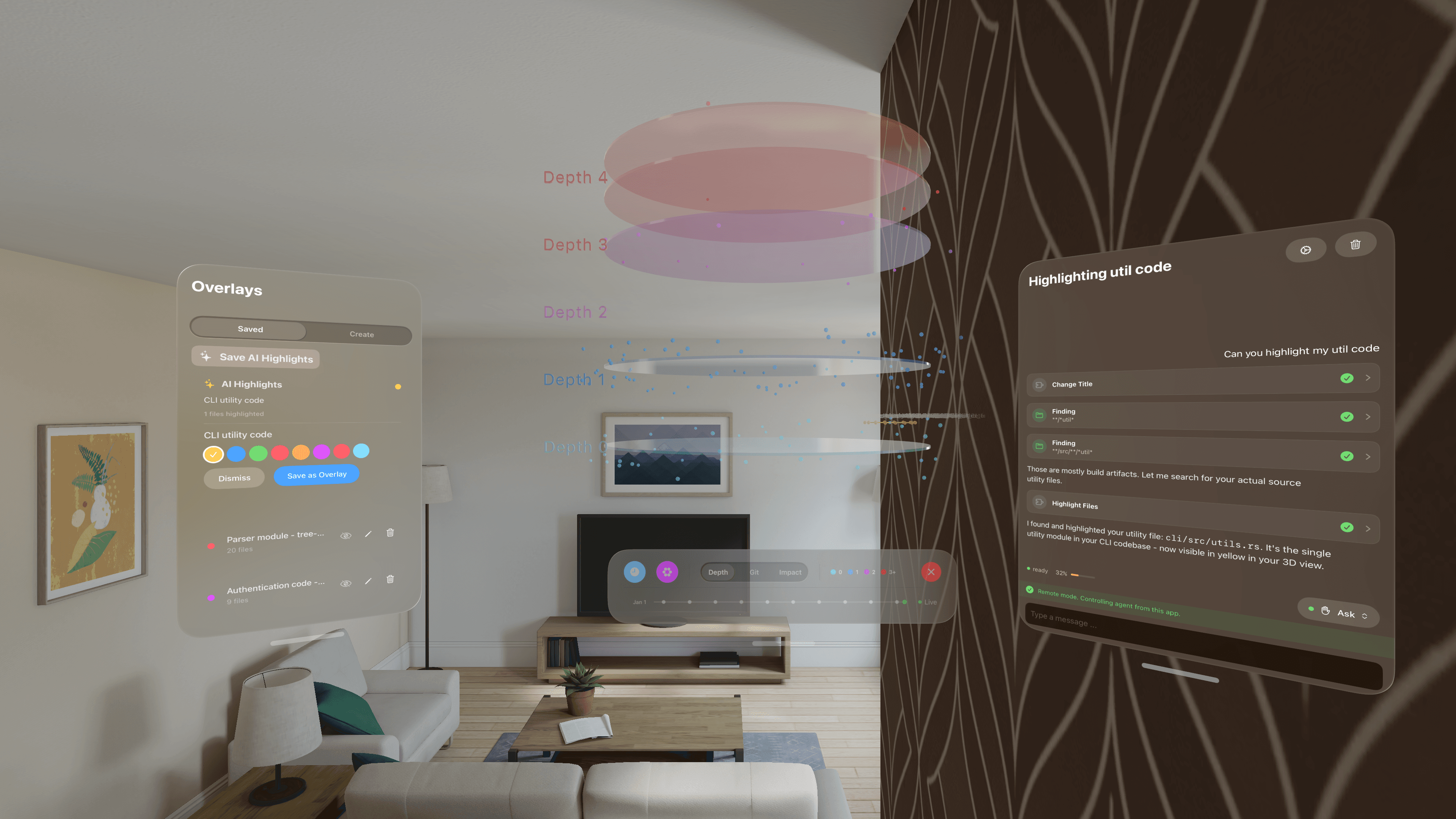 AI agent highlighting utility code with the Overlay panel showing save options