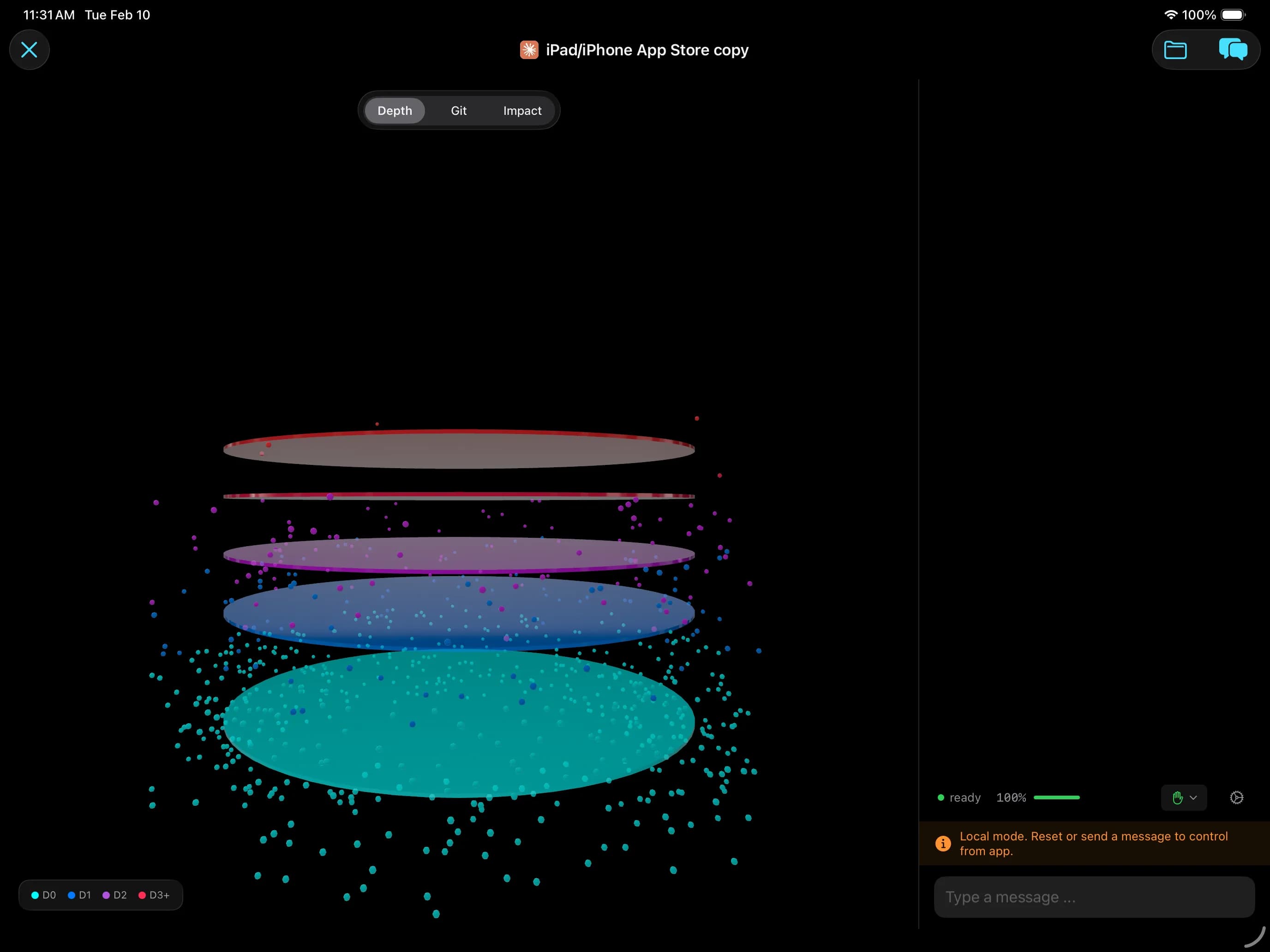 CodeLayers on iPad showing 3D depth rings visualization with color-coded layers