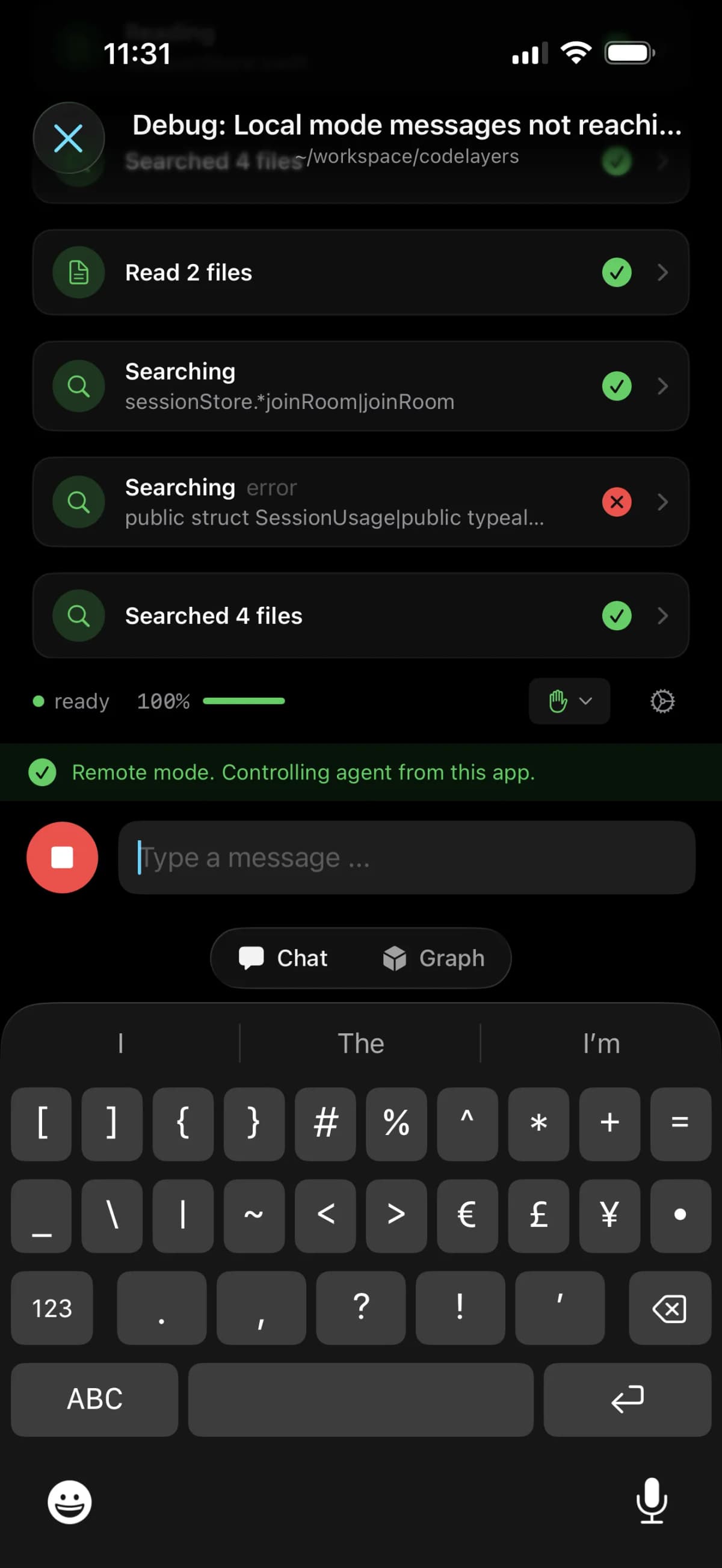 CodeLayers on iPhone showing Claude Code in remote mode, debugging and reading files