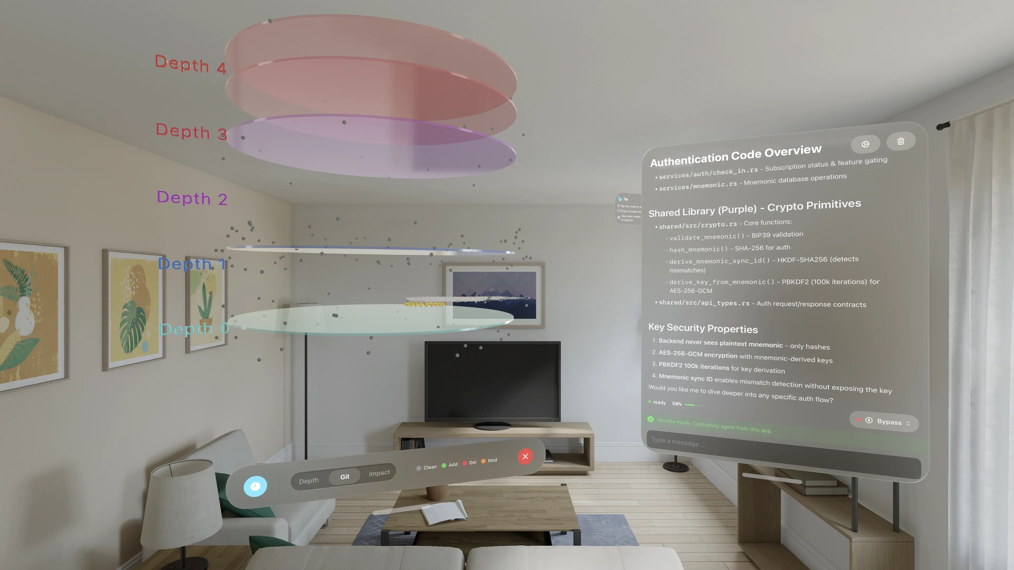 CodeLayers on Vision Pro with AI chat panel showing authentication code overview alongside 3D depth rings