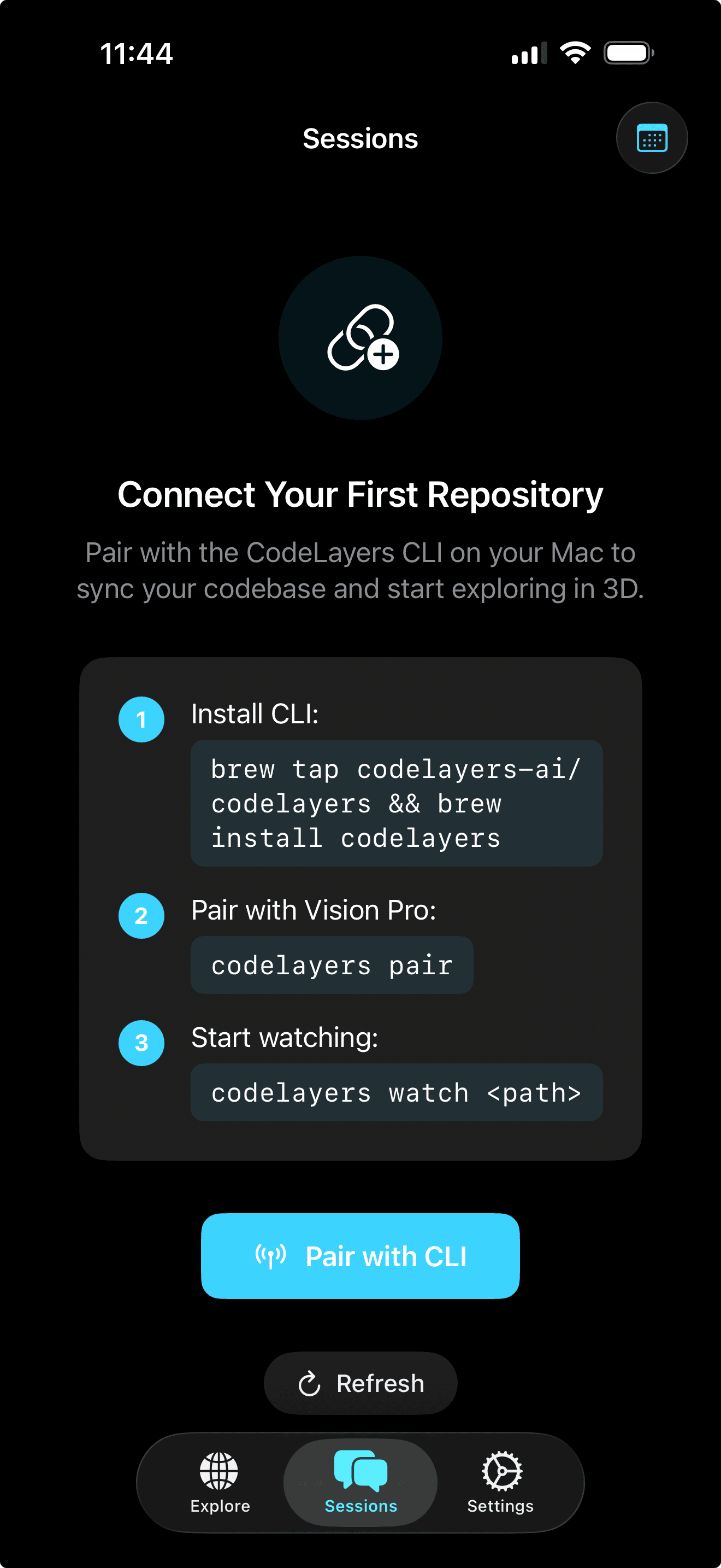 iPhone onboarding screen showing CLI install instructions