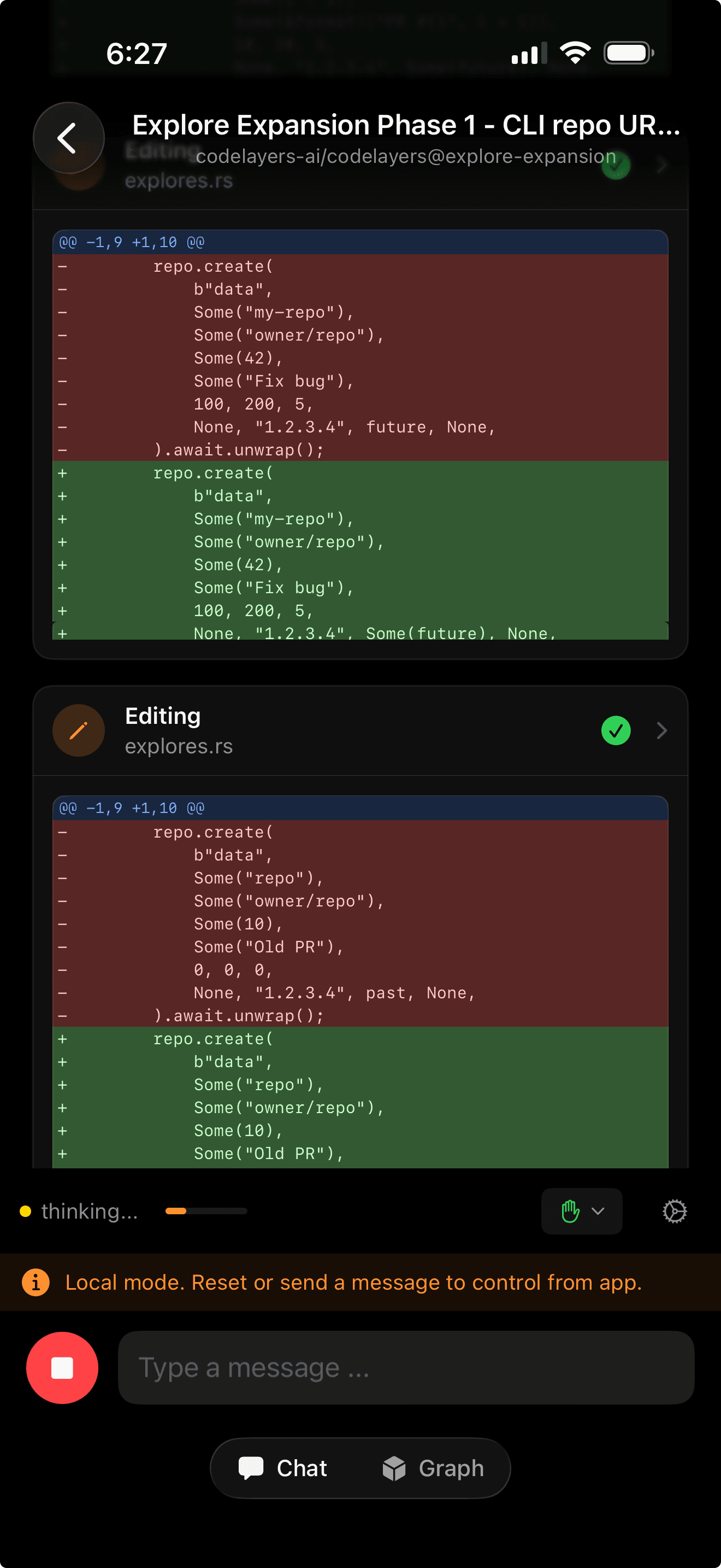 Claude editing explores.rs with red and green diff view in local mode