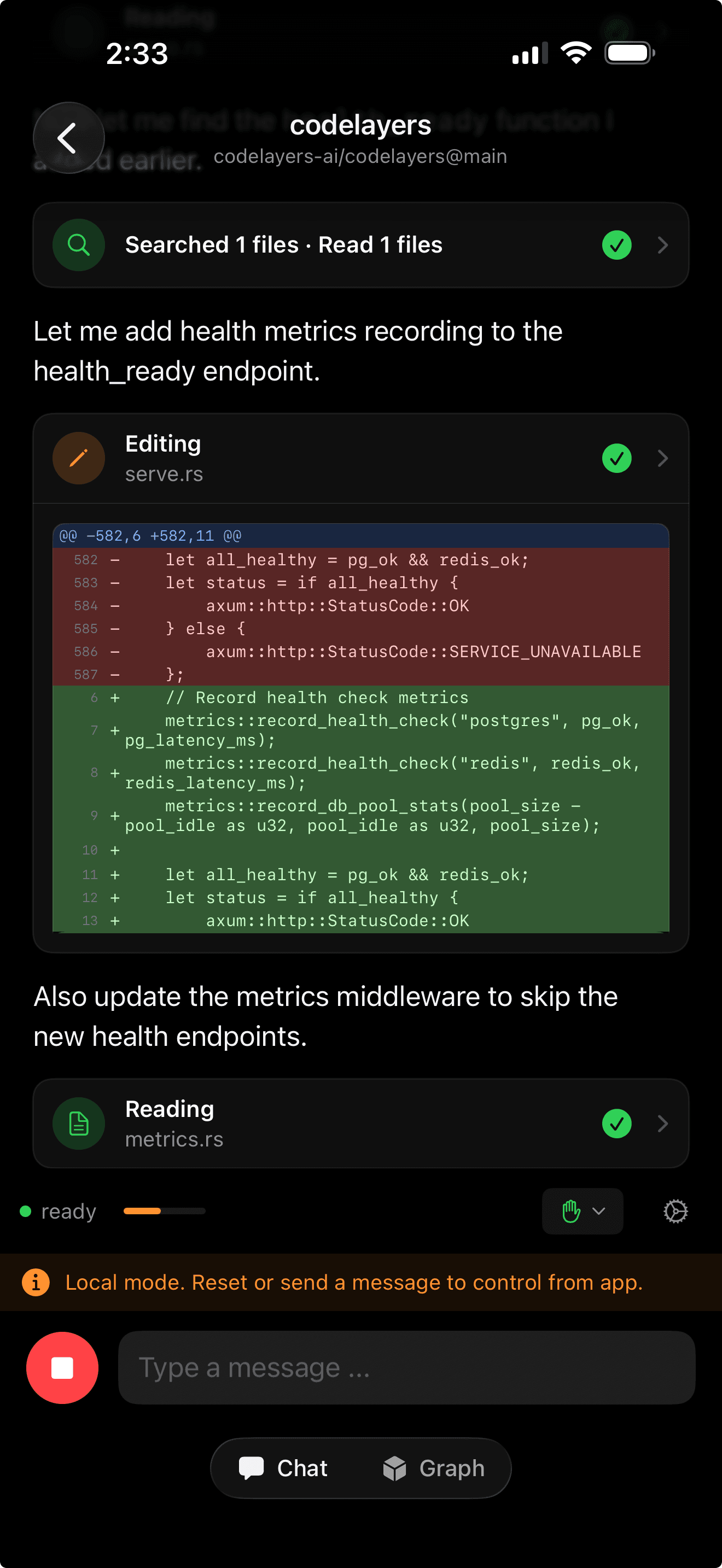 Claude editing serve.rs with full code diffs in local mode