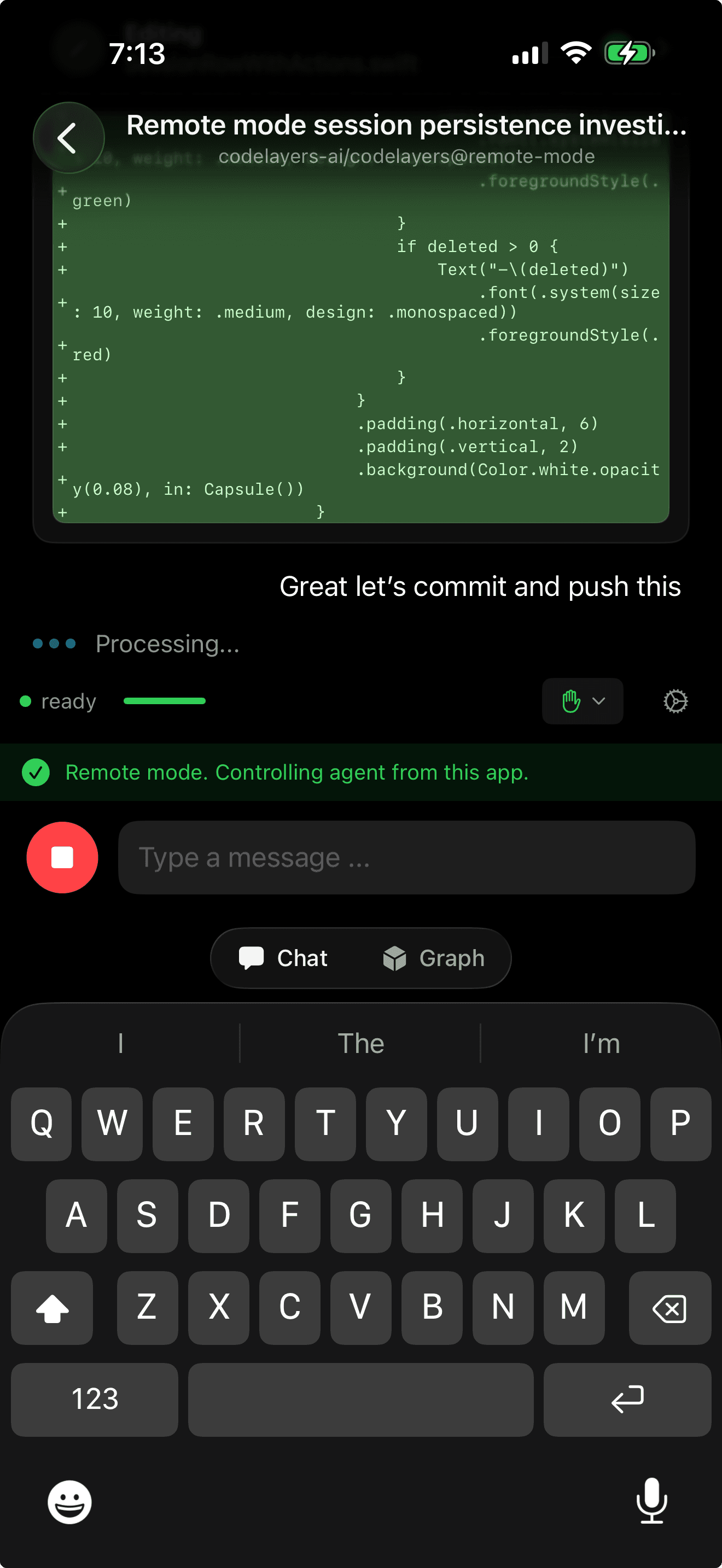Claude showing code diff ready to commit from iPhone