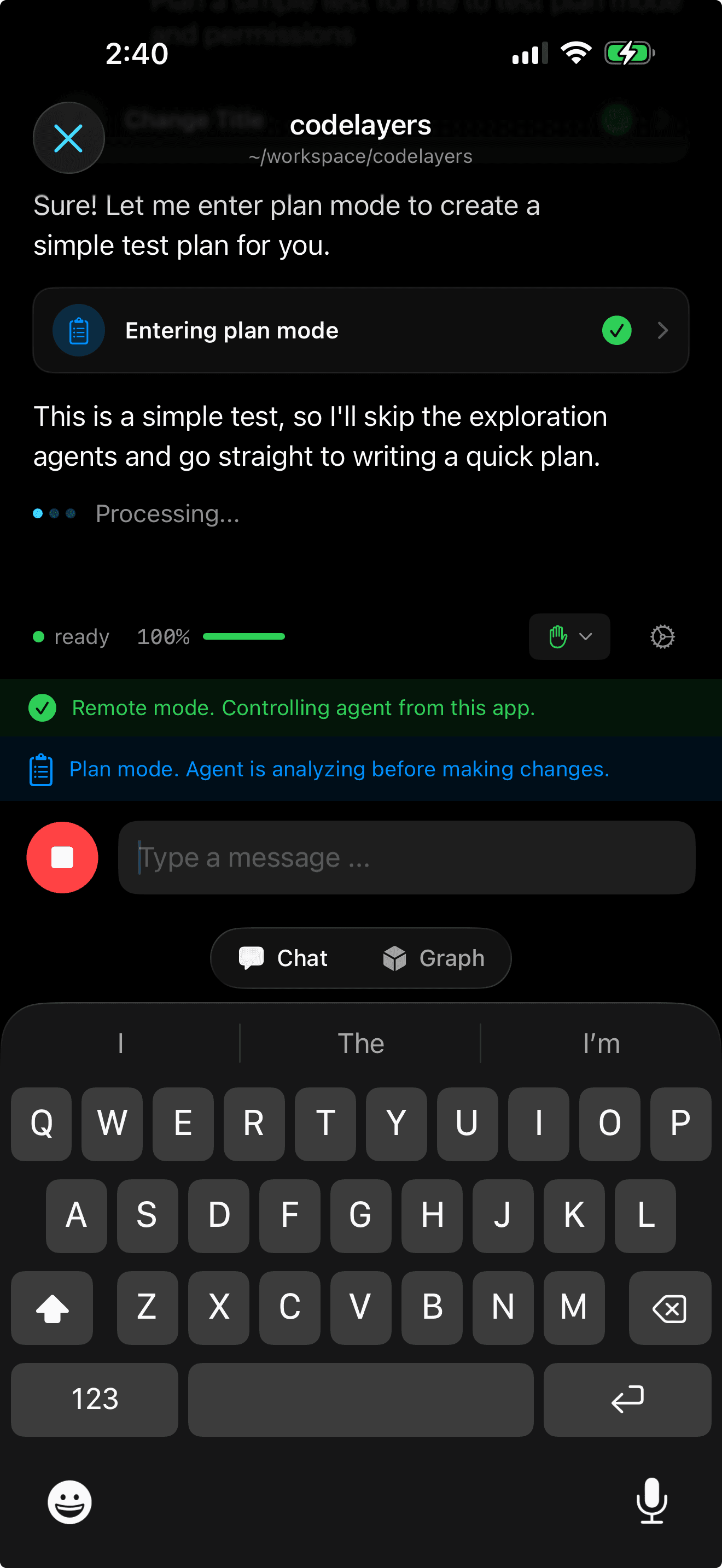 Claude entering plan mode remotely from iPhone